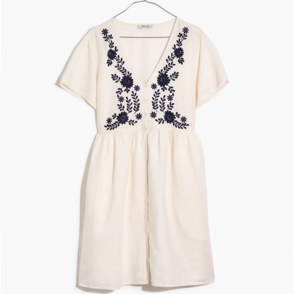 Madewell Cream Dress with Navy Floral Embroidery